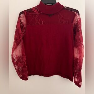 Joseph A Burgundy Knit Top with Sheer Lace Sleeves